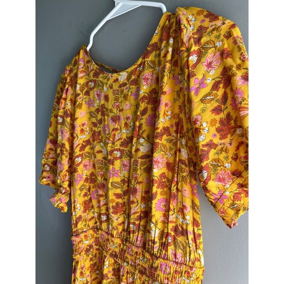 Floral Print Dress Smocked Waist Yellow Pink Rust Short Sleeve CasualFeminine - Picture 4 of 10